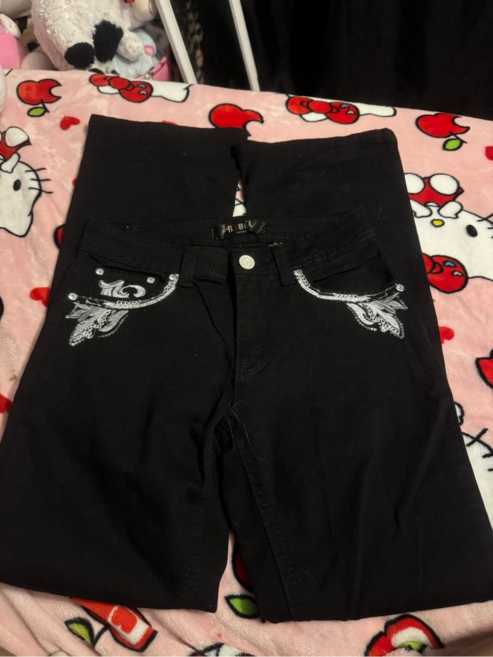 Black Flare Jeans with Silver Embroidered Pocket Detail